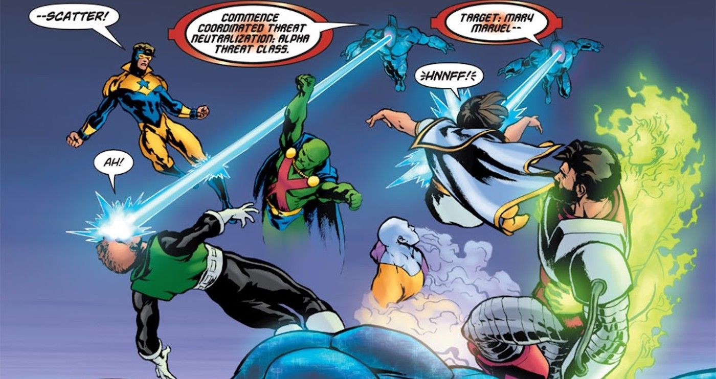 Comic book panel: OMACs target Justice League International.