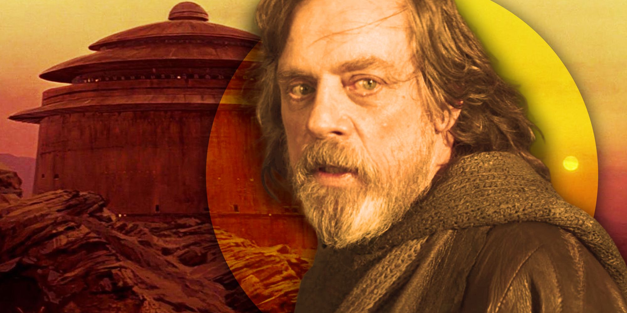 Mark Hamill's Luke Skywalker in The Last Jedi, superimposed over Jabba the Hutt's palace on Tatooine