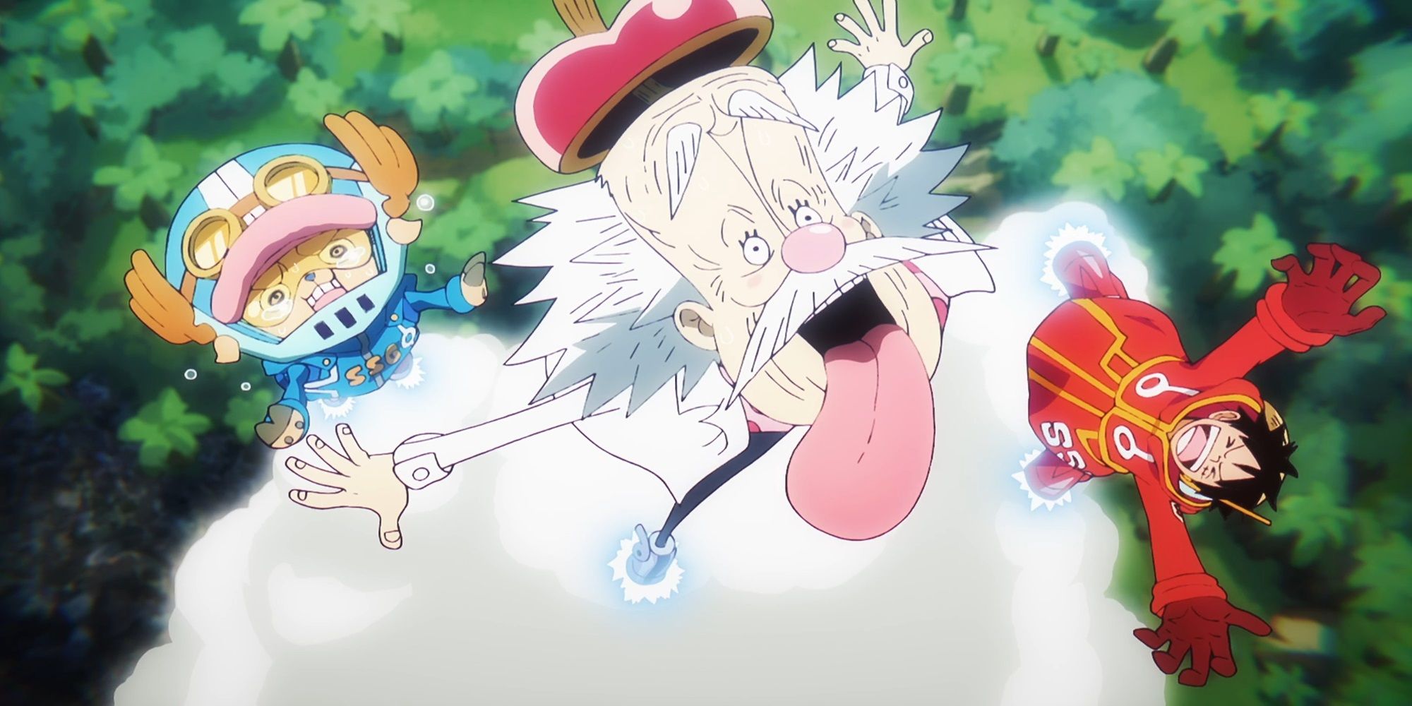 Vegapunk decola para o céu ao lado de um animado Luffy e um horrorizado Chopper em One Piece.