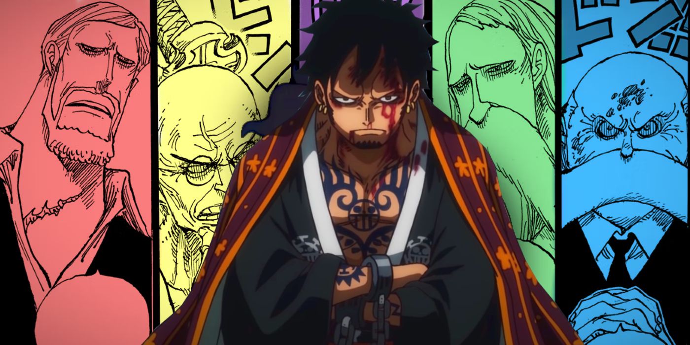 Image from One Piece shows colored manga panels of the Five Elders in the background with a beat up and chained Law while wearing a kimono from the Wano arc.