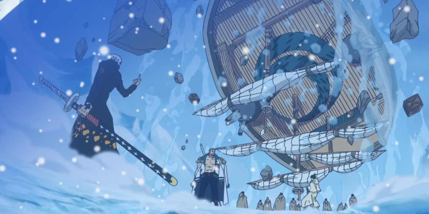 Screenshot from One Piece anime shows Law using his devil fruit to create a sphere ROOM space with Smoker and Marines. He's flipped a giant battle ship on top of them.