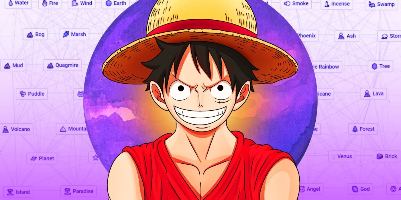 Luffy from One Piece over a background of the Infinite Craft dashboard