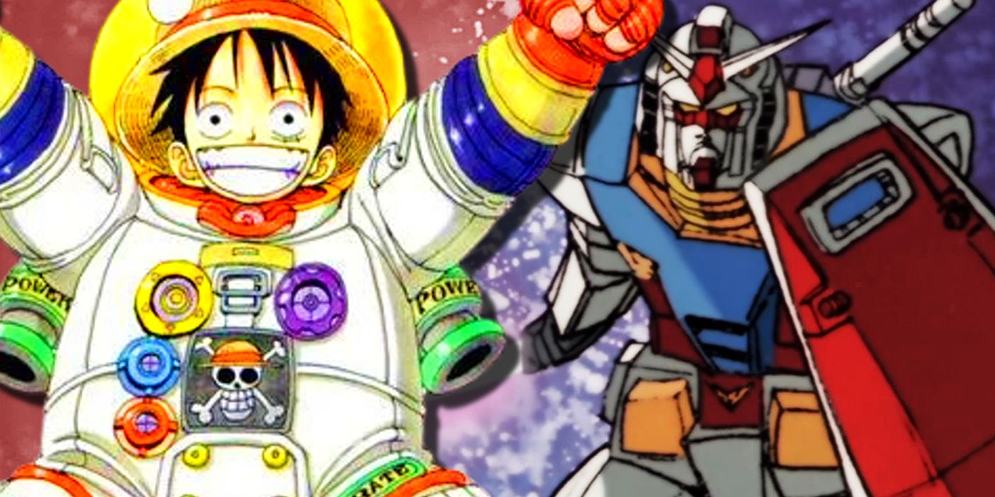 One Piece's Luffy in an astronaut suit next to the first Gundam holding a shield and an energy sword.