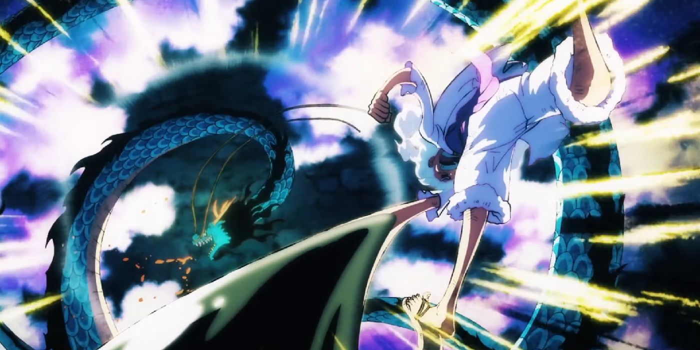 One Piece's Luff uses Bajrang Gun to hit Kaido in his dragon form with a ring of energy around them.