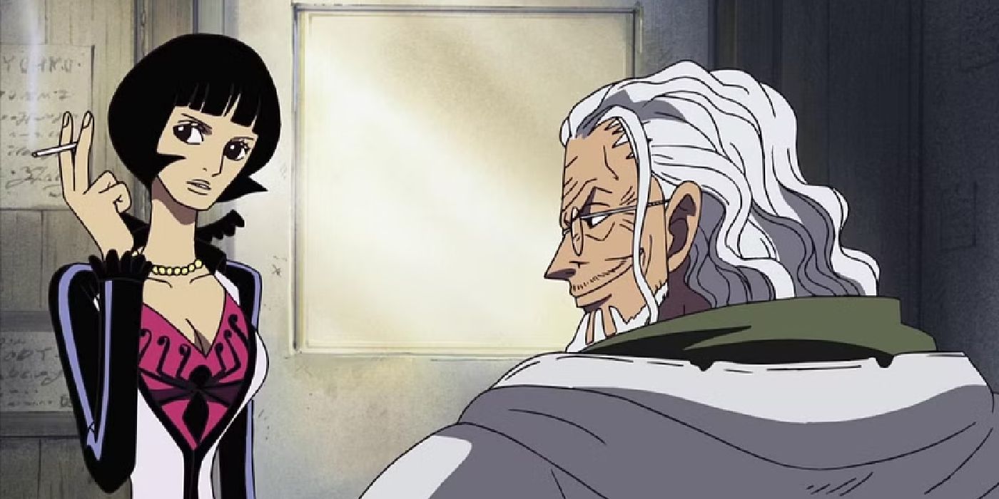 One Piece's Rayleigh and Shaky together while Shakky smokes and looks away.