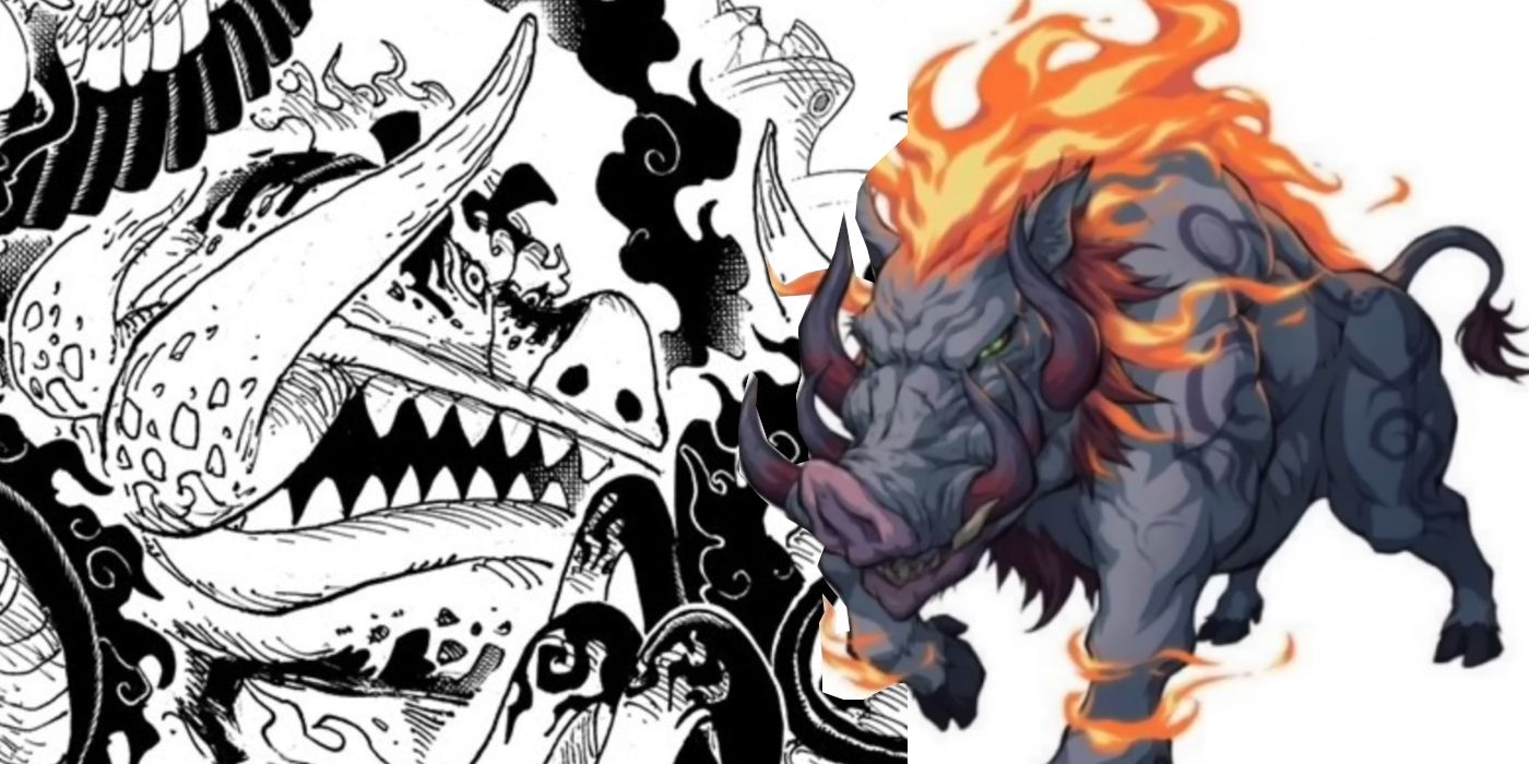 Image shows One Piece Elder Saint Warcury in his Devil form next to an image of the Fenxi Boar it's based on.