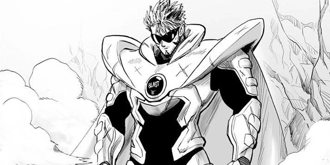 One-Punch Man: Blast como ele aparece no mangá, usando óculos escuros, capa e armadura.