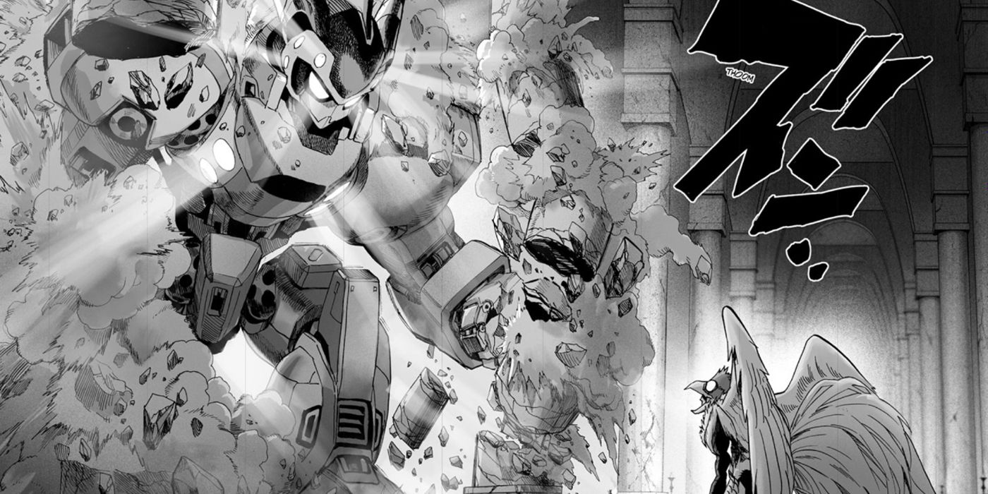 One-Punch Man: O mecha do Imperador Criança atravessa uma parede, para a surpresa do Homem Fênix