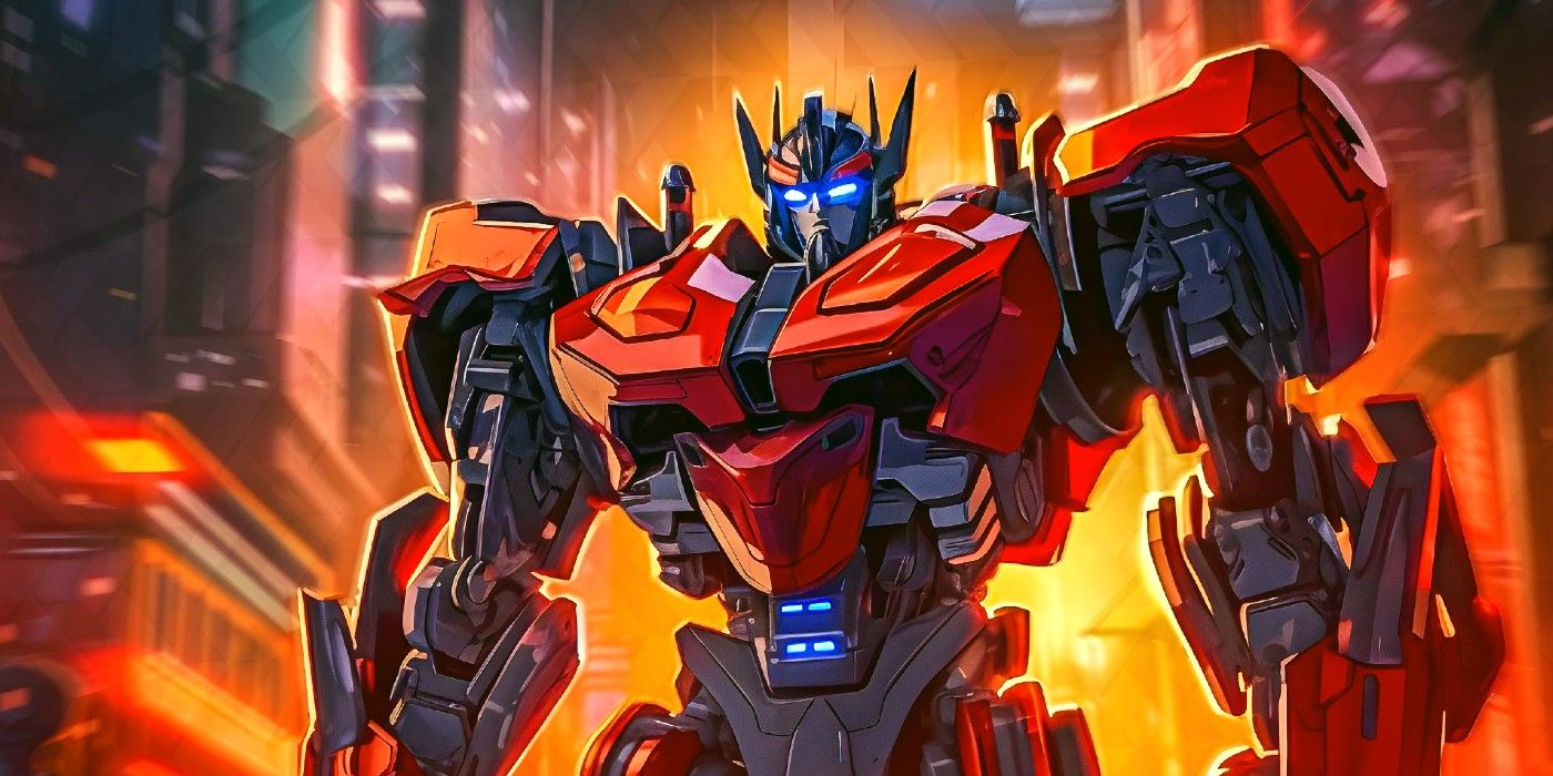 Optimus Prime em Transformers One com uma cidade brilhante e embaçada atrás dele.