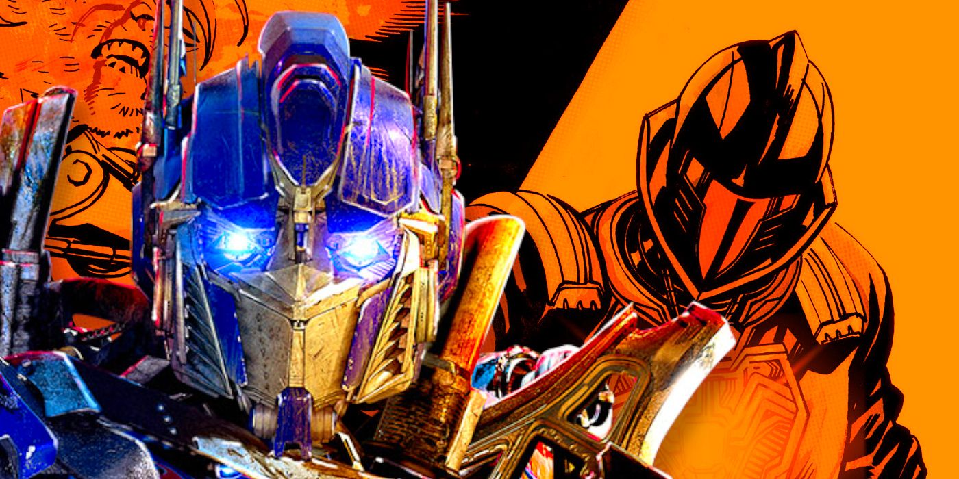 Cinematic version of Optimus Prime with glowing blue eyes (foreground) with G.I. Joe BAT trooper in background