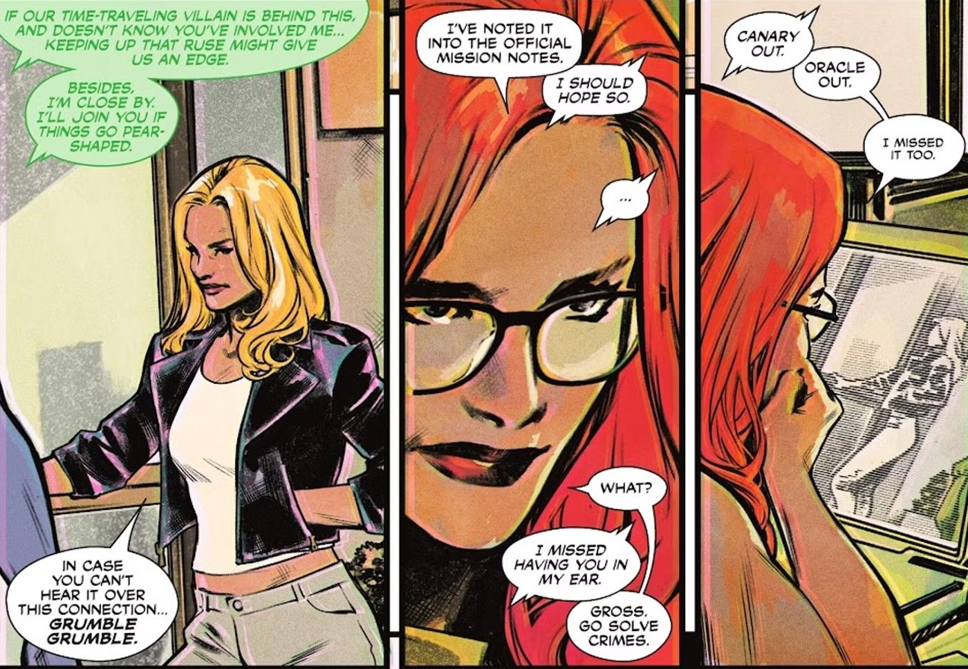 Comic book panels: Black Canary and Oracle banter over comms.