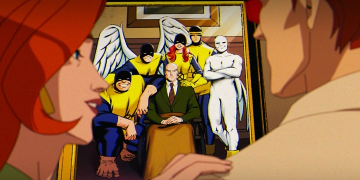 Scott and Jean in X-Men 97 with a portrait of the original X-Men hanging between them