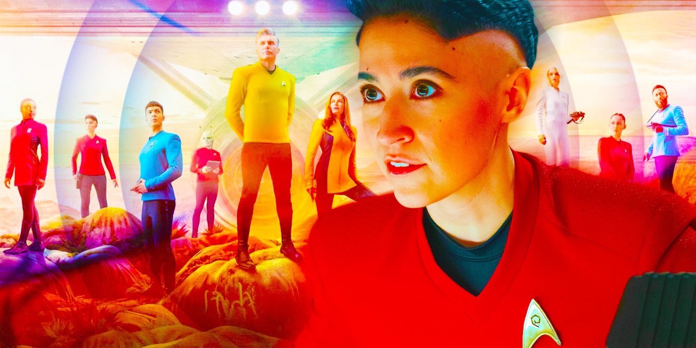 Melissa Navia looking offscreen as Erica Ortegas in front of the cast of Star Trek: Strange New Worlds