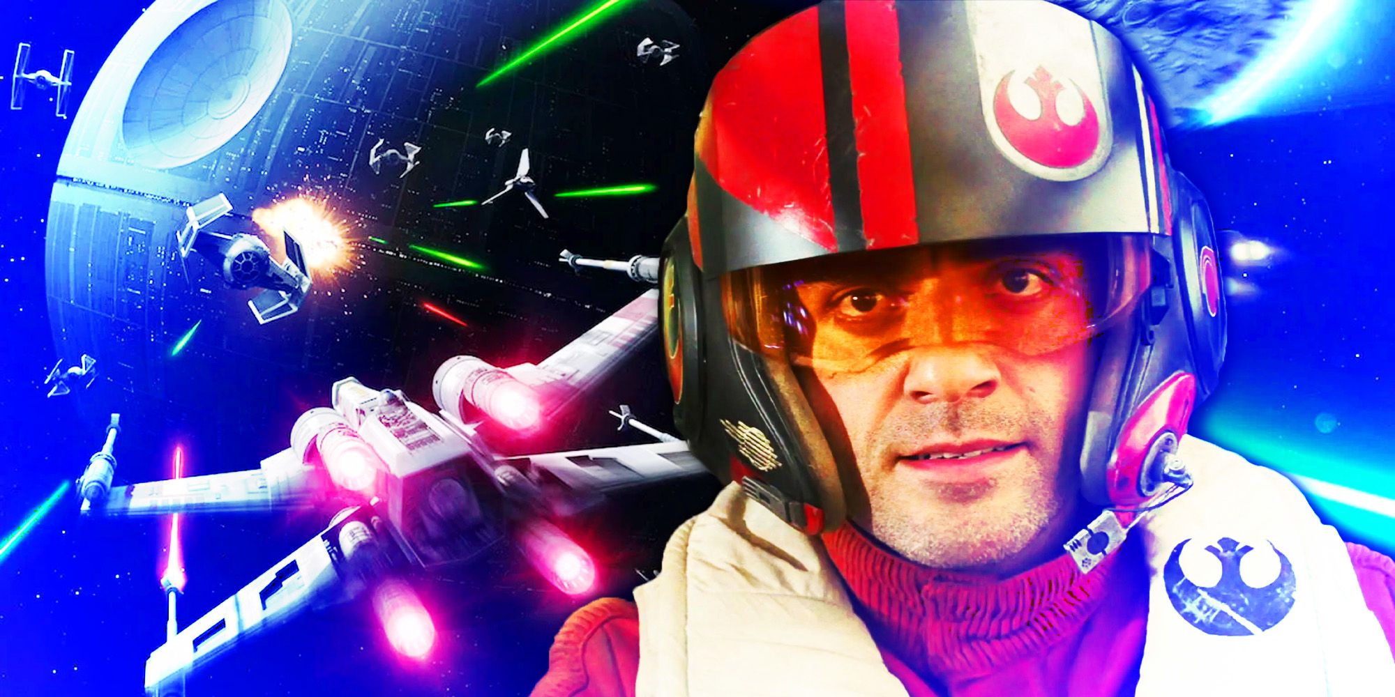 Oscar Isaac from Star Wars The Last Jedi and an X-Wing in aerial combat with Tie Fighters