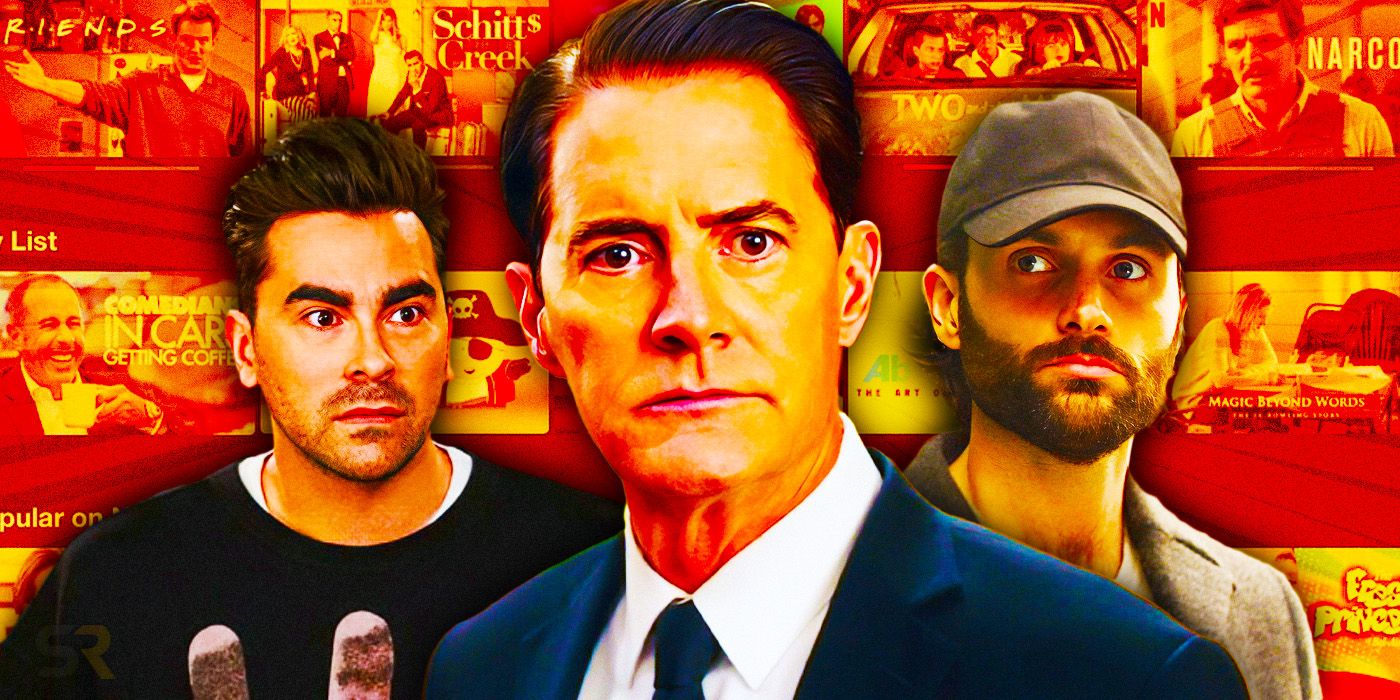 Custom image of (left to right) Dan Levy, Kyle MacLachlan and Penn Badgley