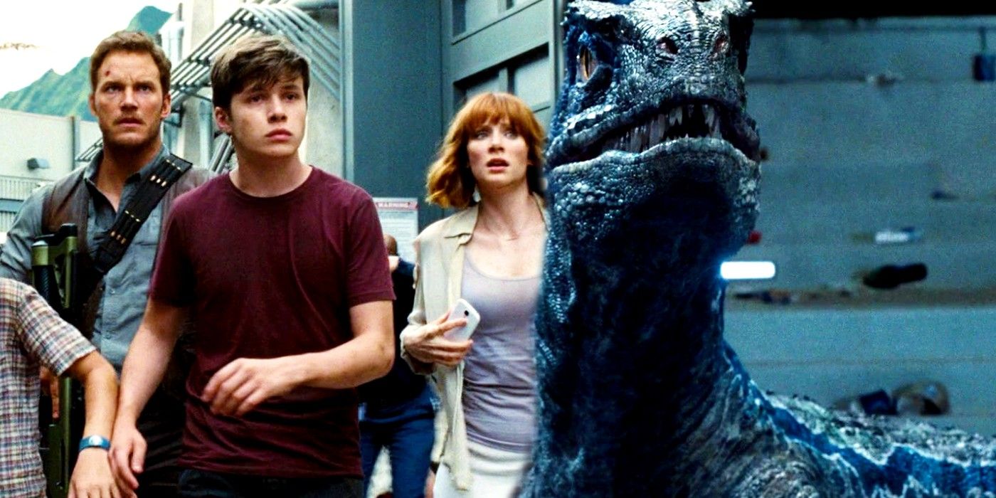 Owen, Zach, and Claire looking scared while Blue looks up in Jurassic World