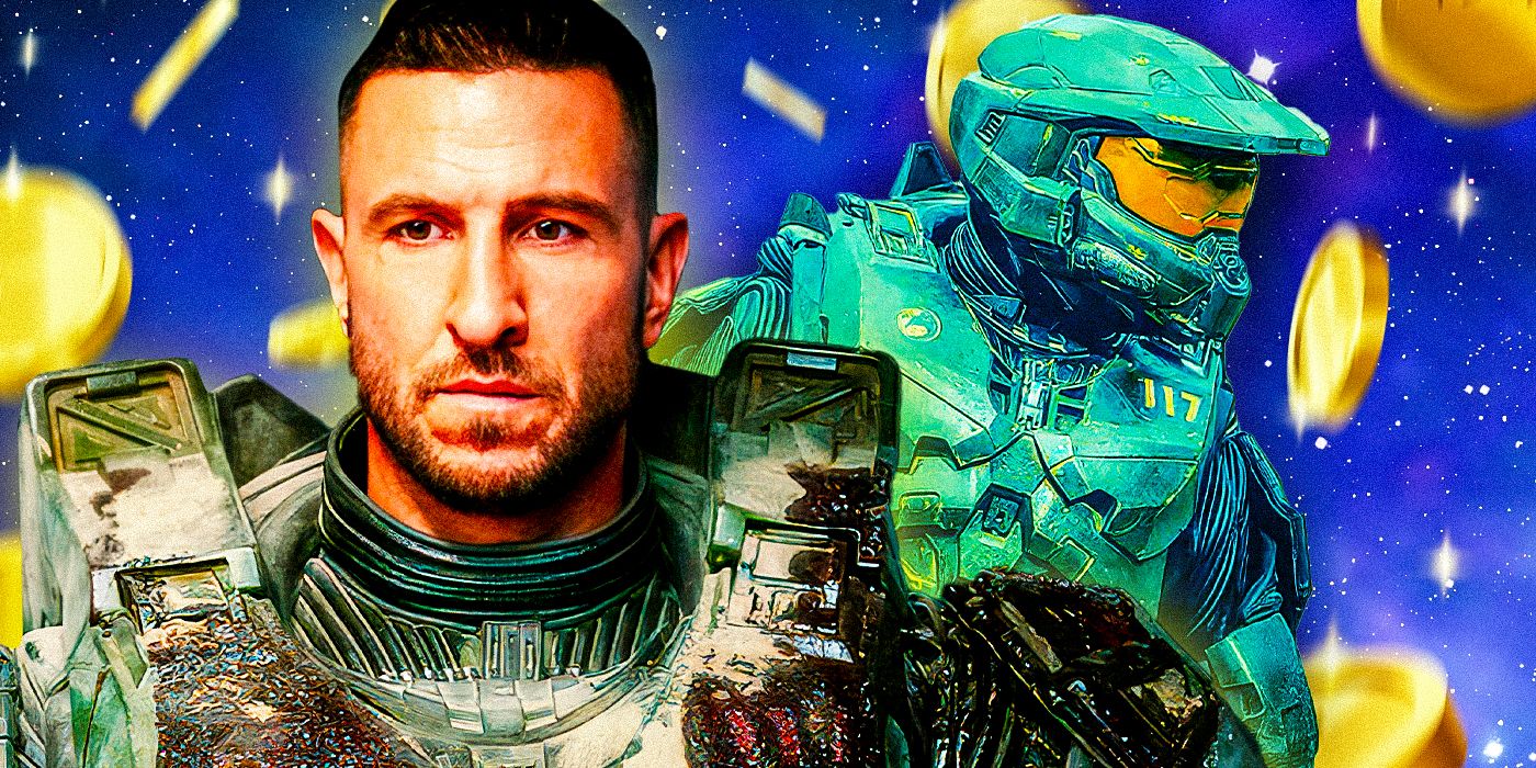 Pablo Schreiber as John-117/Master Chief from Halo with his helmet off with fully armored Master Chief and falling coins behind him