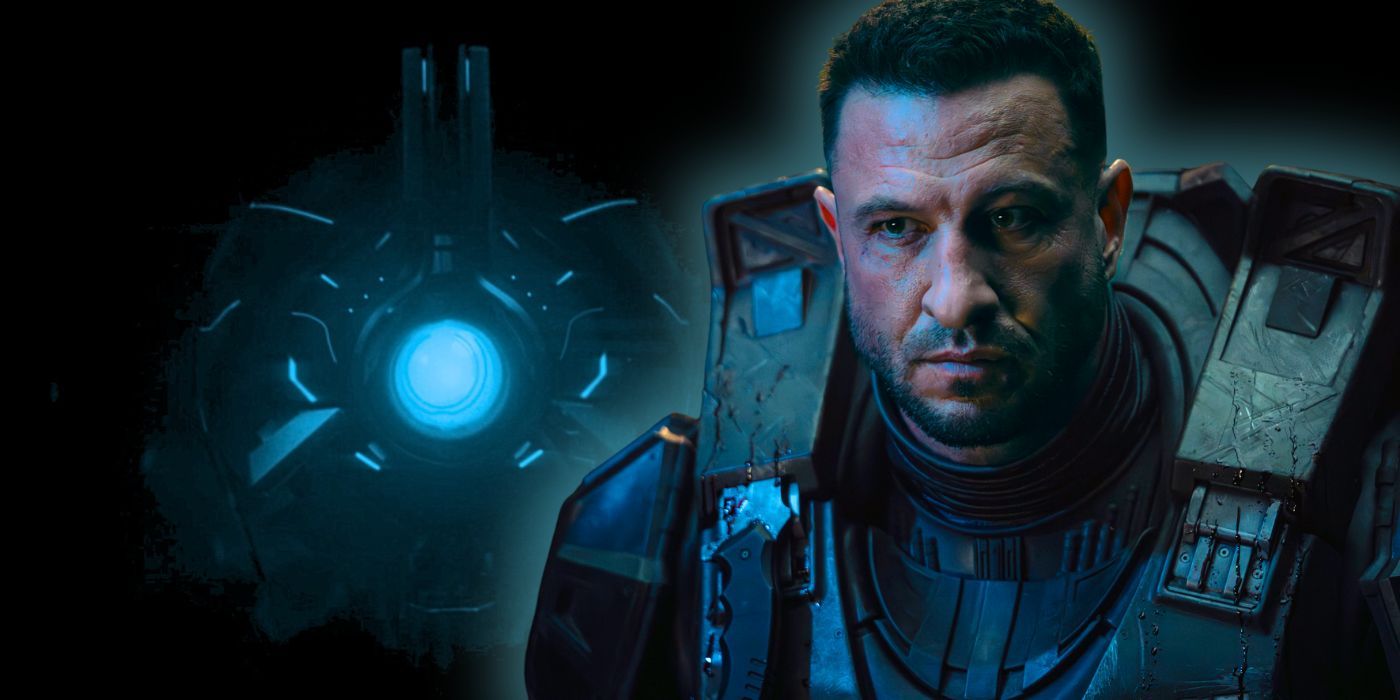 Pablo Schreiber as Master Chief looking serious with the monitor 343 Guilty Spark behind him in the Halo season 2 finale