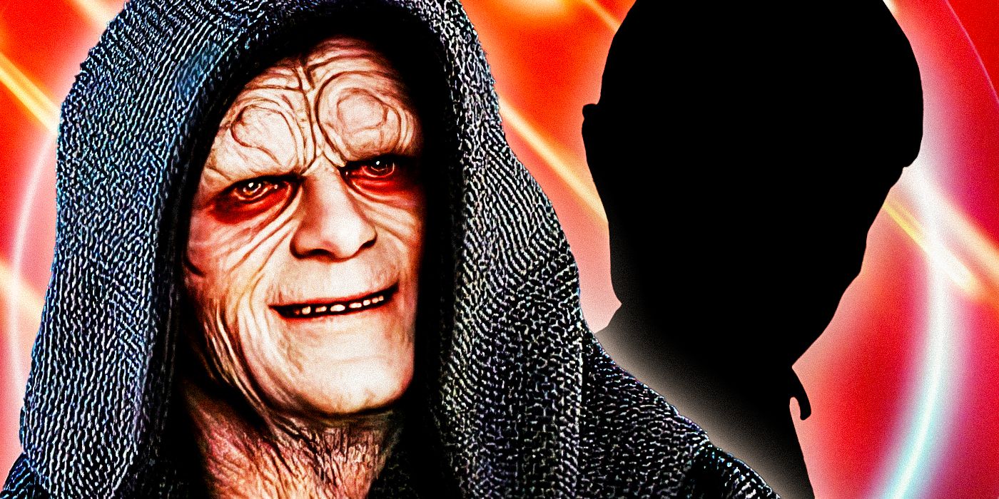 Emperor Palpatine smiles in Star Wars, edited with the silhouette of someone else and a red background