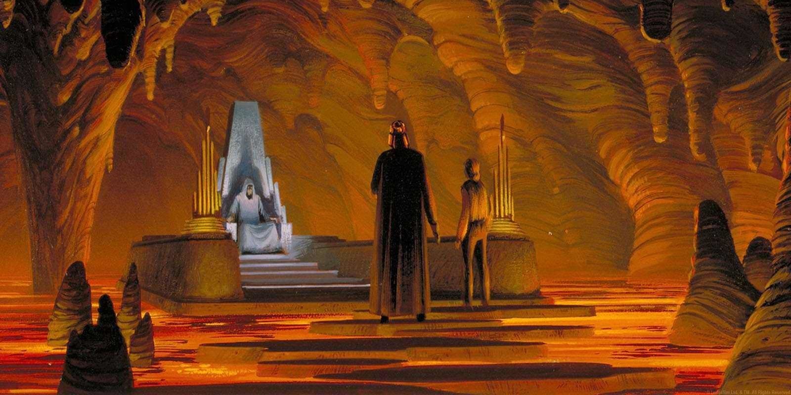 Concept art for Emperor Palpatine's throne room in Return of the Jedi, which was depicted as a chair in a cavern filled with lava, by Ralph McQuarrie