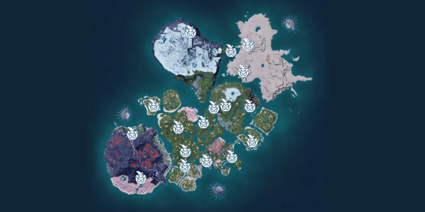 Full Palworld Interactive Map, showcasing all Skill Fruit Tree markers. 