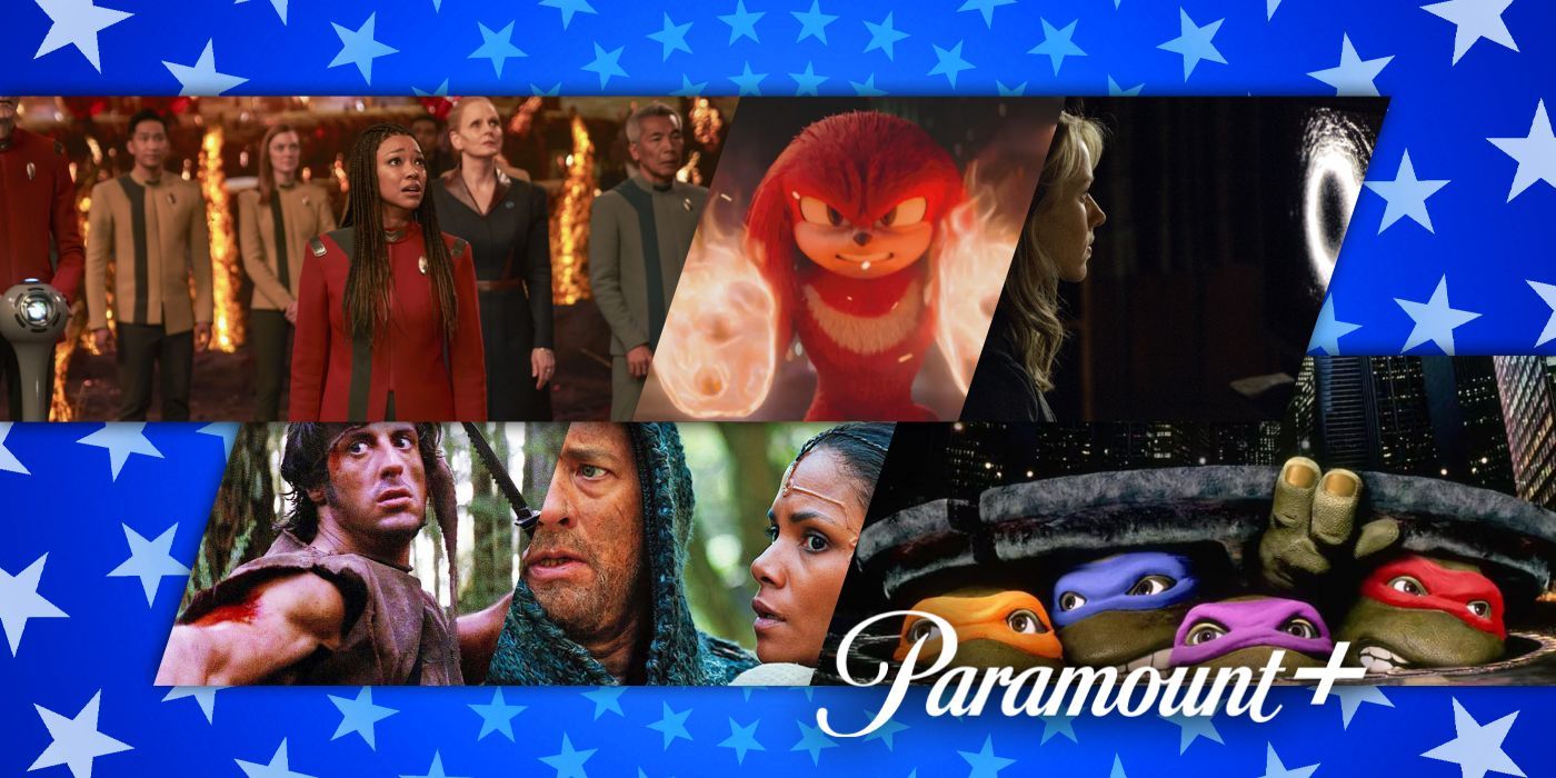 A composite image features characters from Star Trek: Discovery, Knuckles, The Ring, Rambo, Cloud Atlas, and Teenage Mutant Ninja Turtles on Paramount+