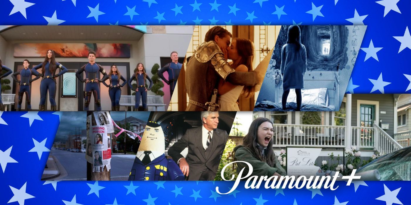A composite image features stills from The Thundermans Return, Romeo + Juliet, Paranormal Activity: Ghost Dimension, Never Seen Again, Airplane!, and Little Wing on Paramount+
