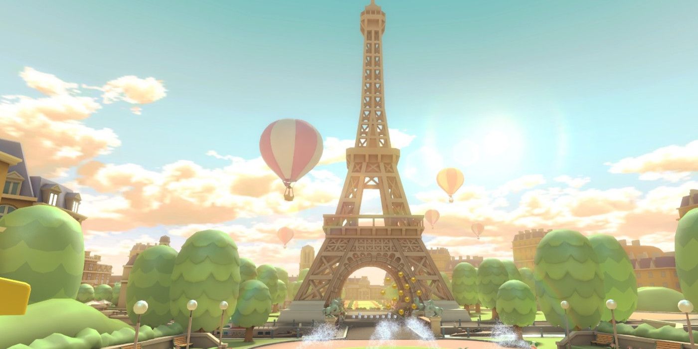 Paris Promenade Mario Kart track showing the Eiffel Tower.