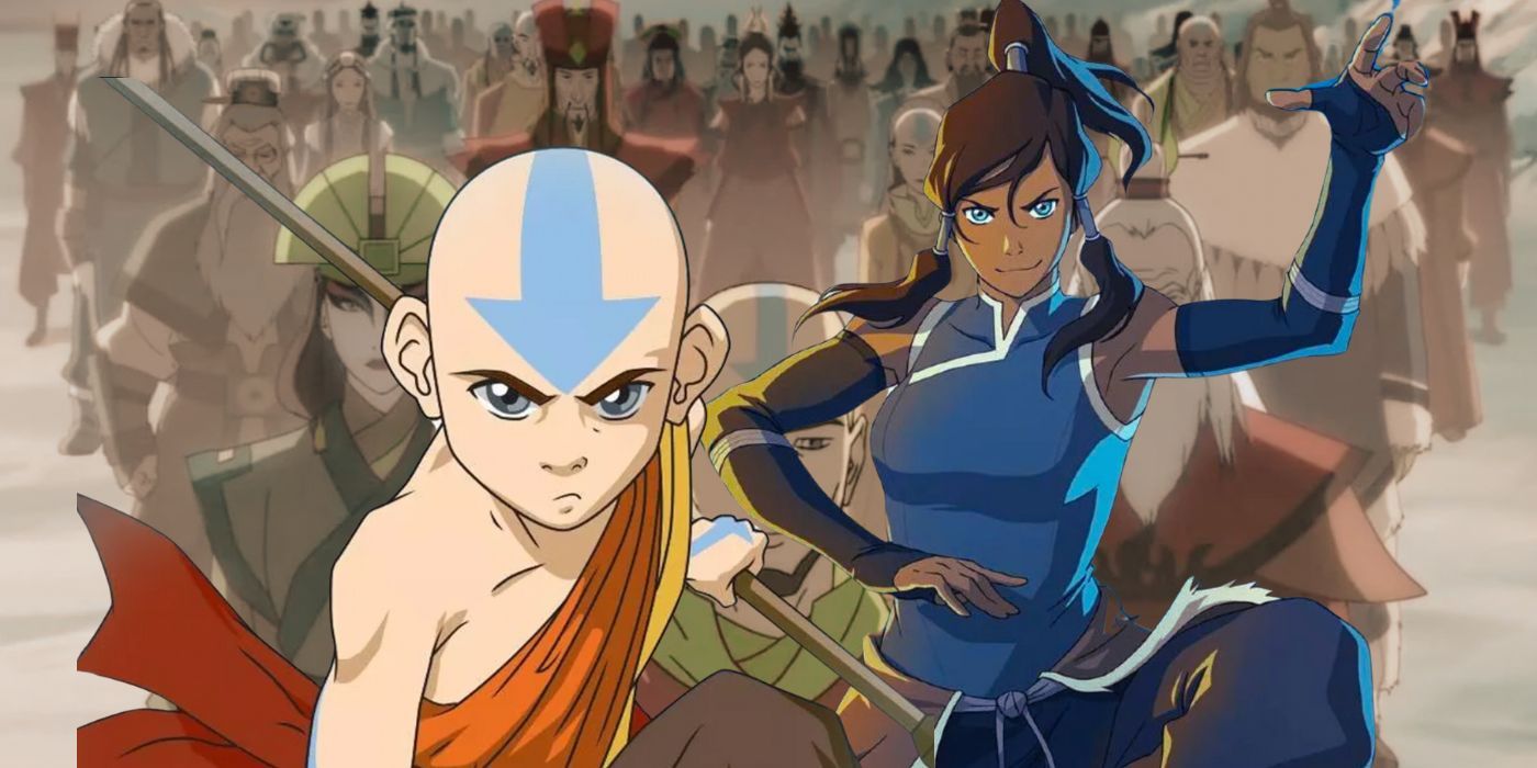 A composite image features a young Aang and Korra in front of the past Avatars in the Avatar: The Last Airbender and Legend of Korra animated series