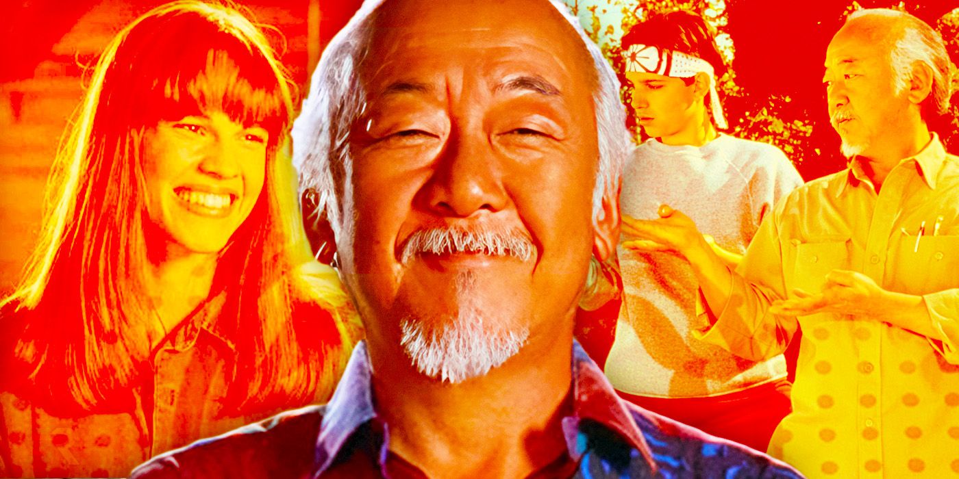 A custom image of Pat Morita as Mr. Miyagi against a backdrop of other scenes from the Karate Kid franchise
