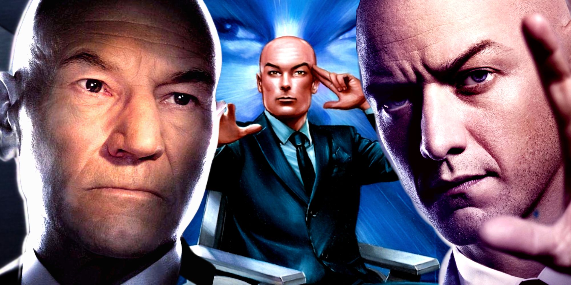 Patrick Stewart and James McAvoy as Professor X aka Charles Xavier in The X-Men Movies and Marvel Comics