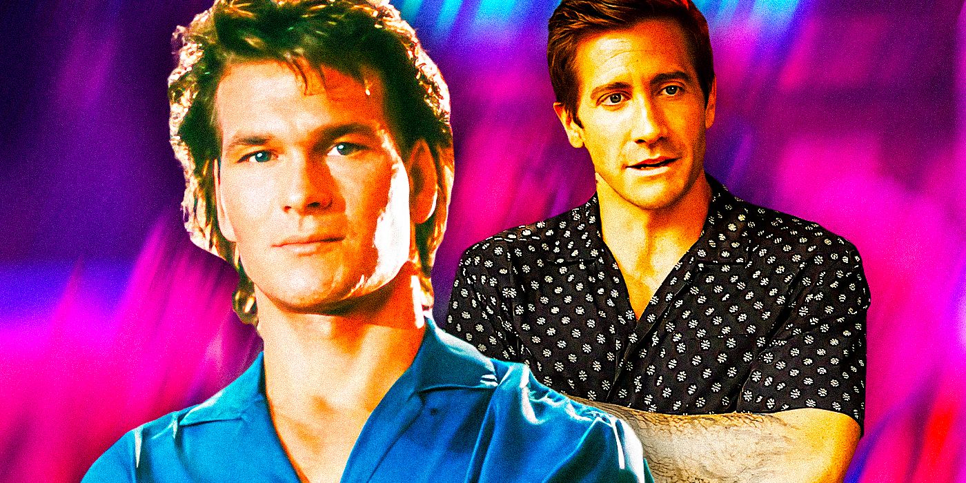 A layered image of Patrick Swayze in Road House (1989) & Jake Gyllenhaal in Road House (2024)