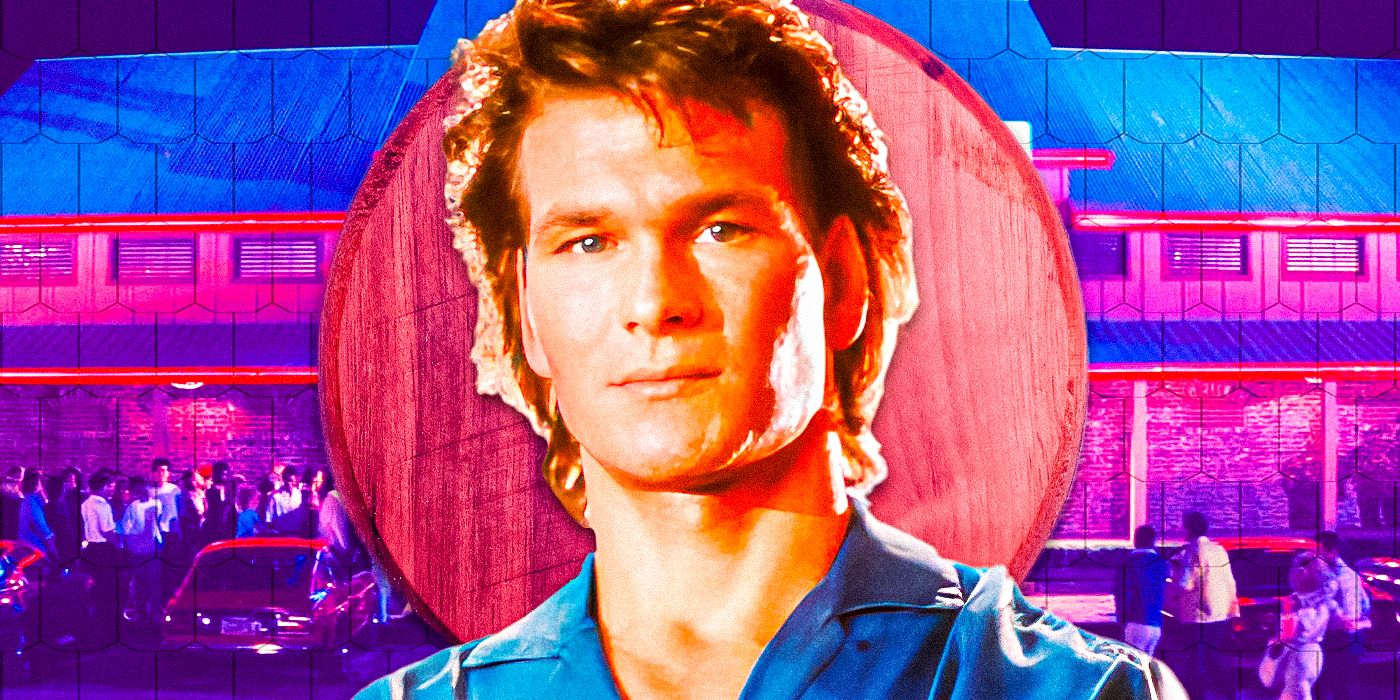 Patrick Swayze as James Dalton set against the Double Deuce tinted purple and red from Road House 1989