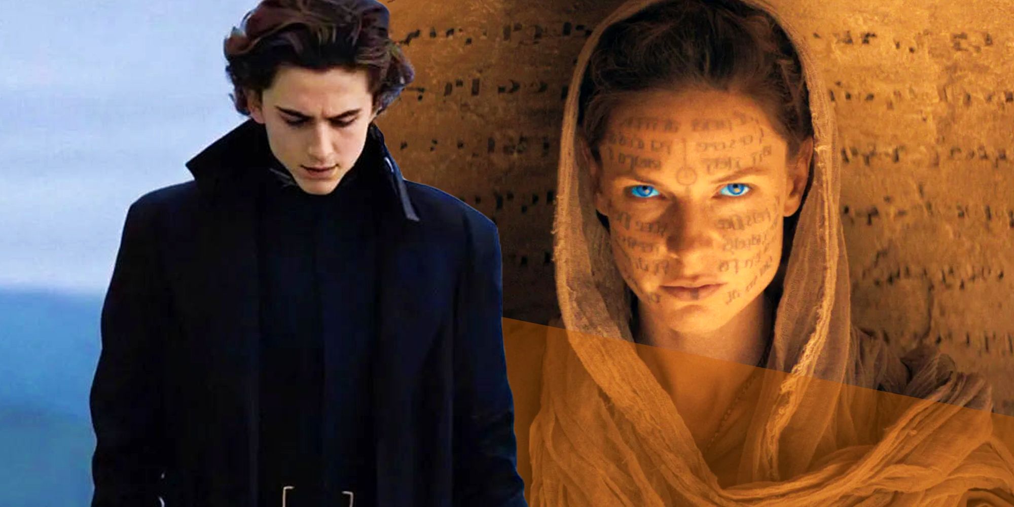 Paul Atreides wearing a black cloak next to Jessica looking at the camera angrily in  Dune: Part Two