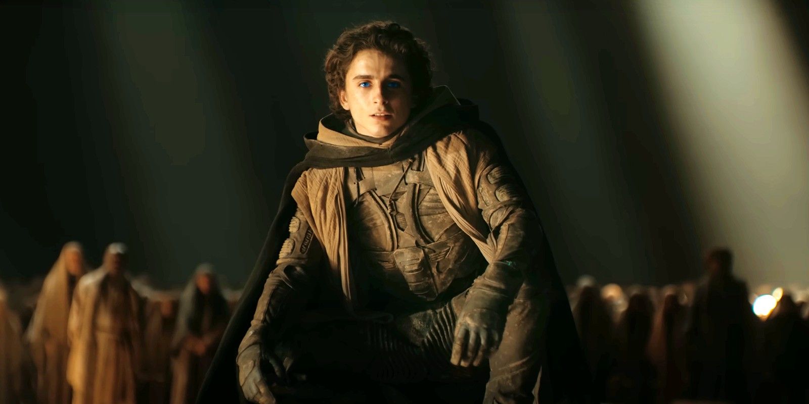 Paul Atreides played by actor Timothée Chalamet looking at the Fremen as he gives his speech in Dune 2