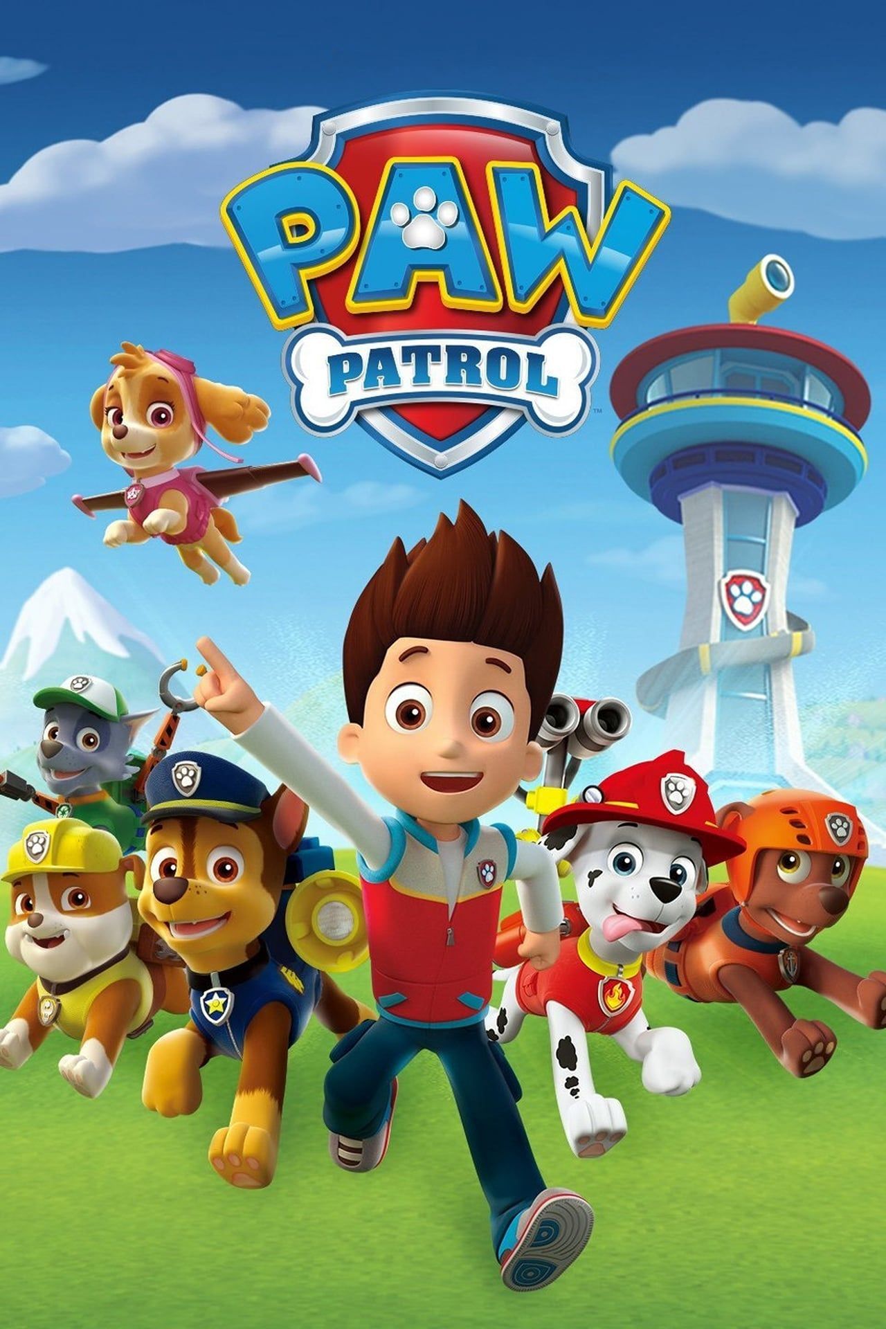 Paw Patrol Poster Featuring a Young Boy Running with a Pack of Dogs