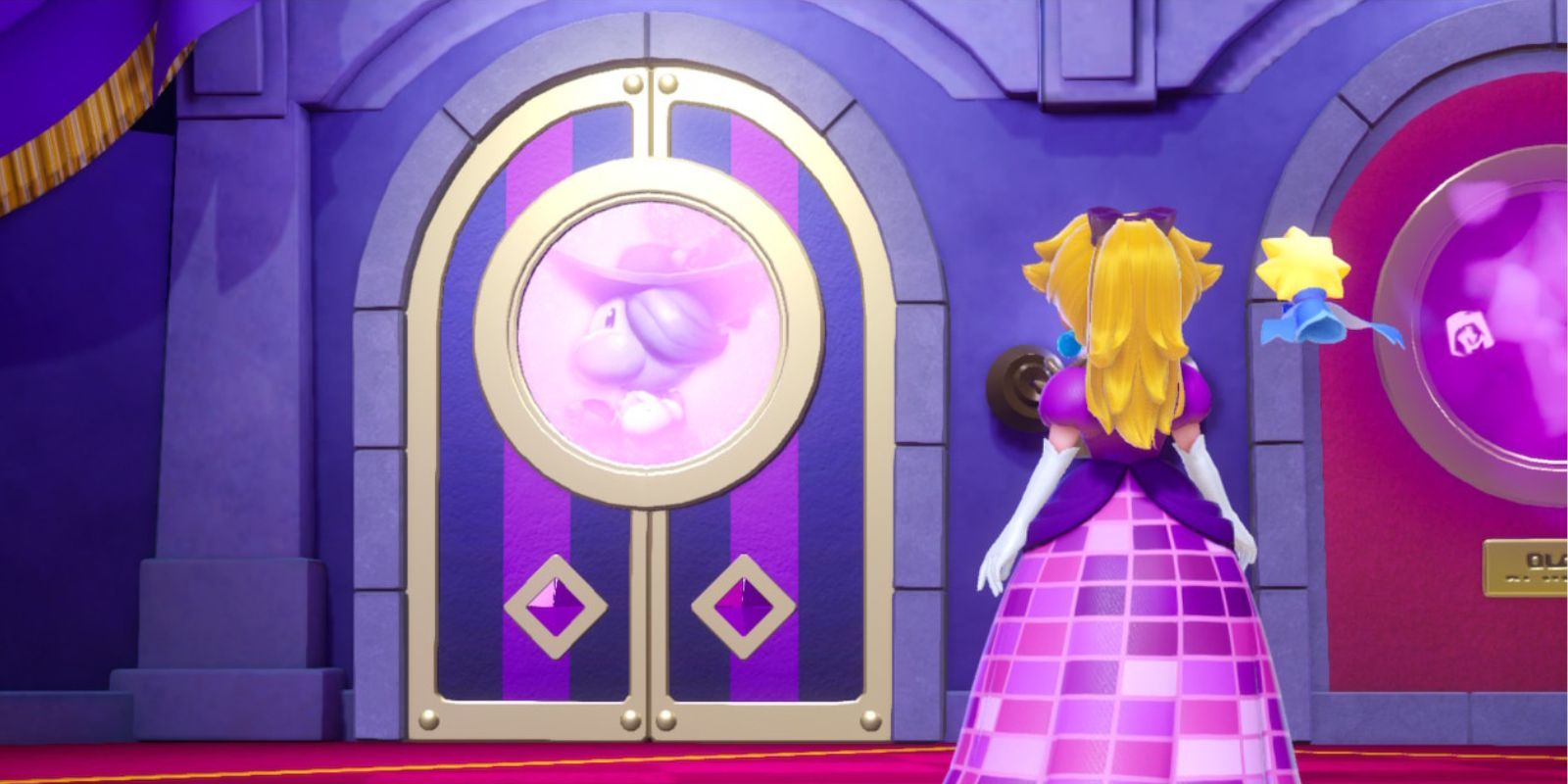 Peach no camarim do espadachim em seu vestido discoteca em Princess Peach Showtime