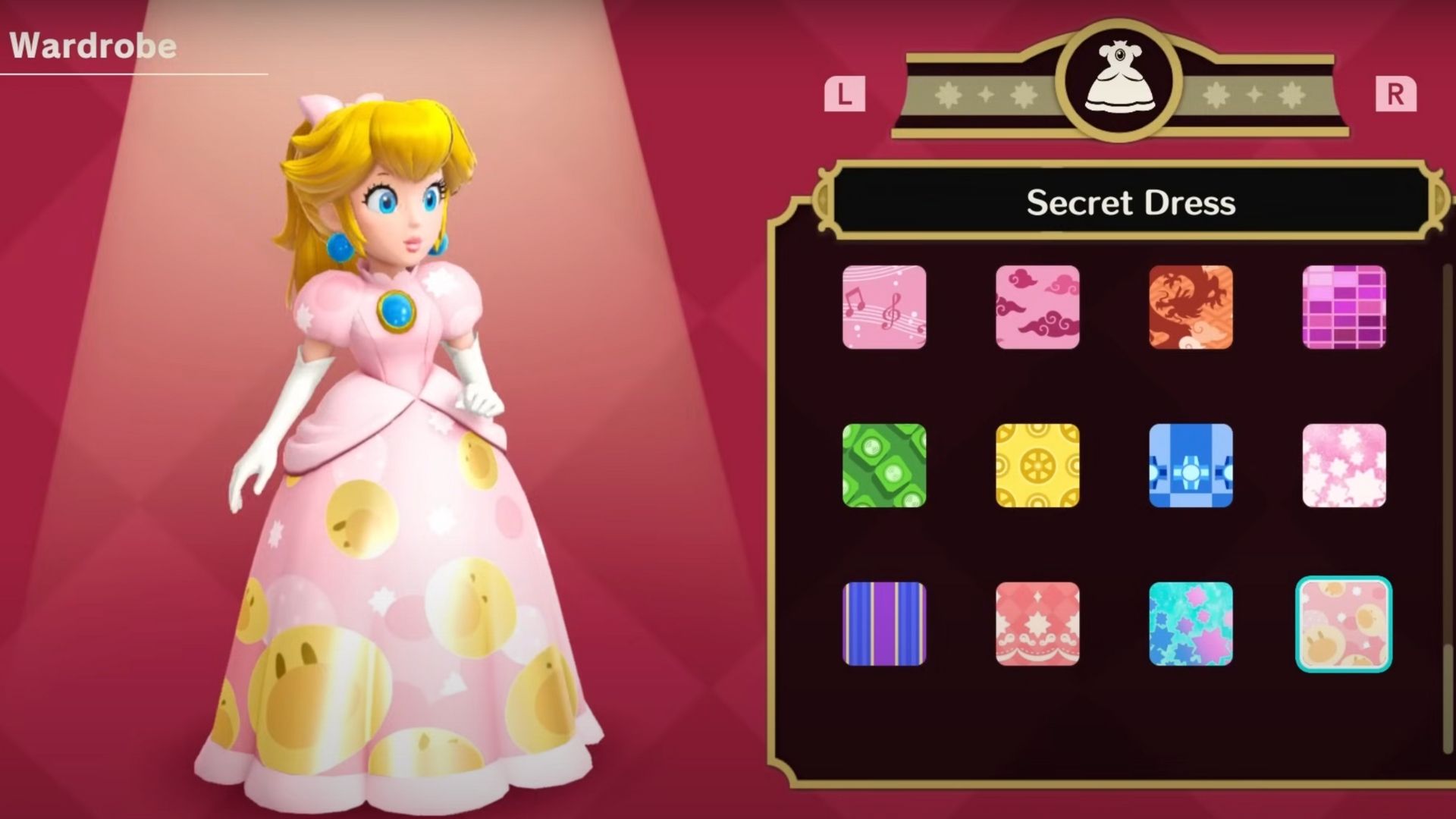 Peach usando o vestido secreto em Princess Peach Showtime