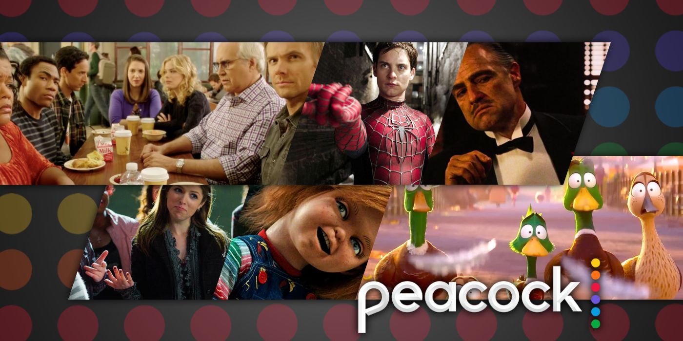 A composite image features characters from Community, Spider-Man (2002), The Godfather, Pitch Perfect, Chucky, and Migration on Peacock