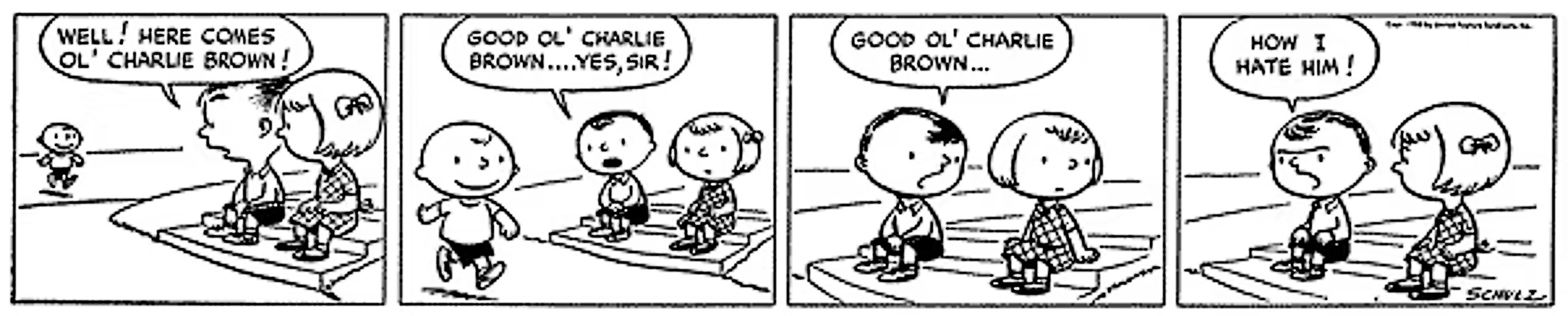 Peanuts, first ever strip, featuring Charlie Brown as a passerby, rather than protagonist