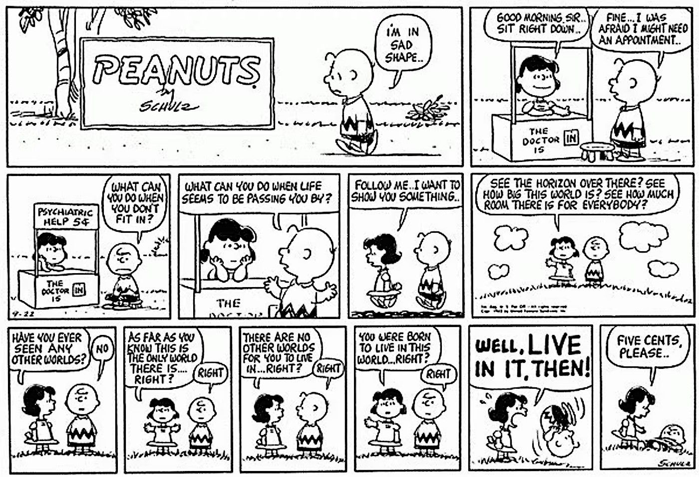 Peanuts, Charlie Brown visits Lucy's psychiatry booth...as usual, it is a less-than-productive session.
