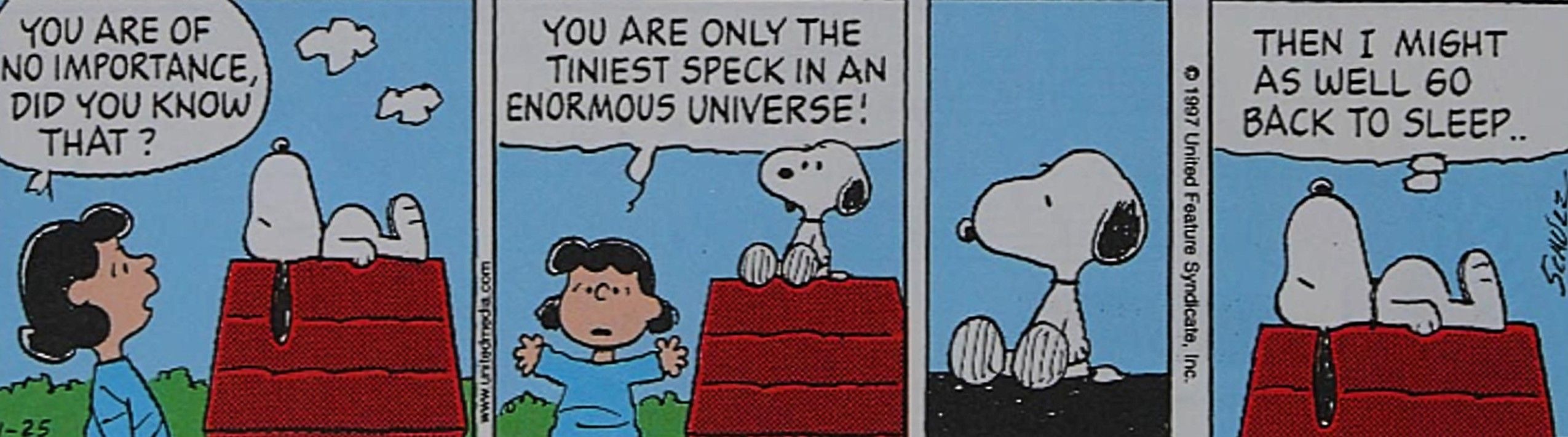 Peanuts, Lucy tells an indifferent Snoopy he's a tiny, insignificant speck amongst the cosmos