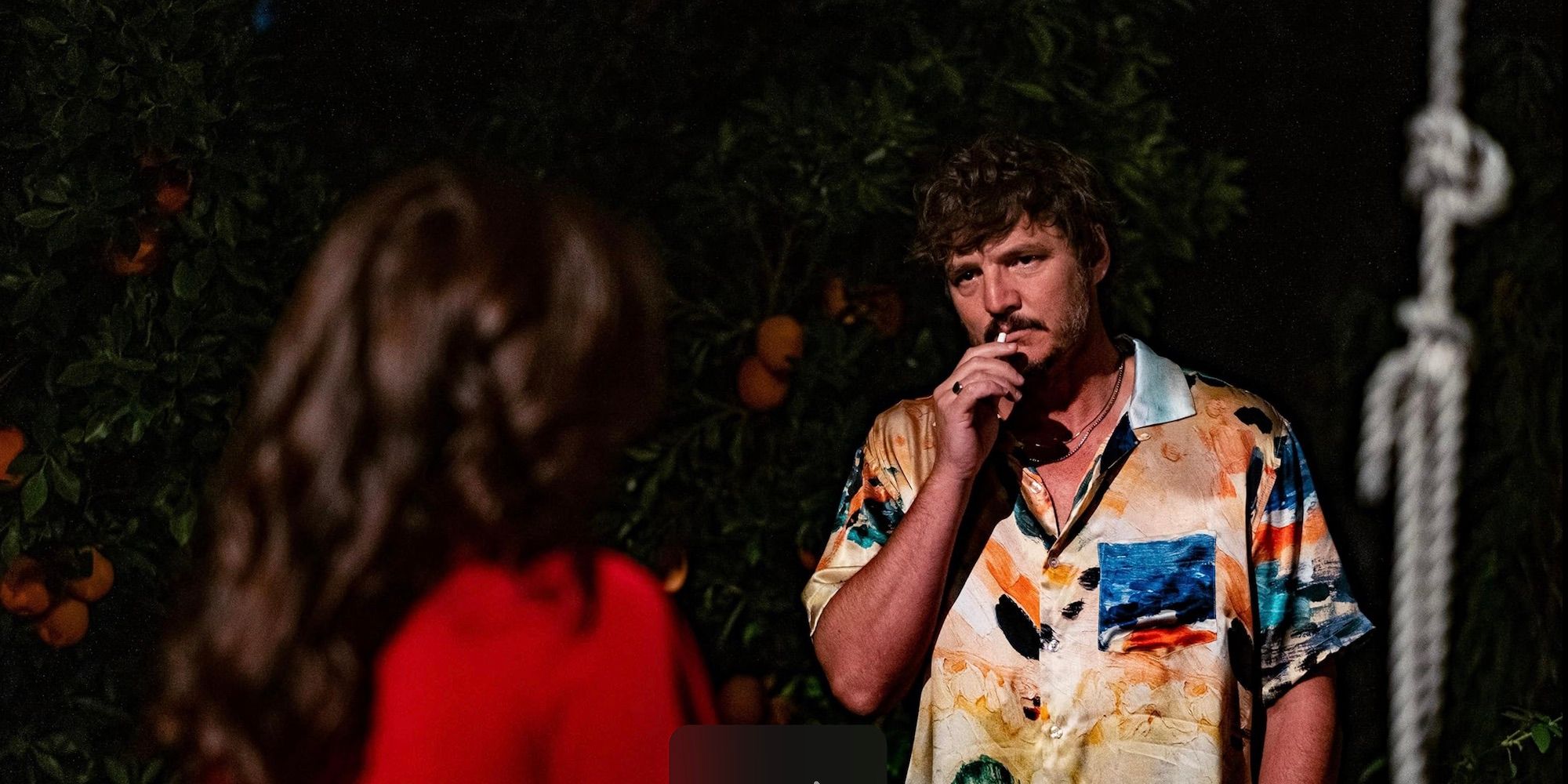 Pedro Pascal & Elizabeth Reaser stand together in the garden while Pascal smokes in The Uninvited