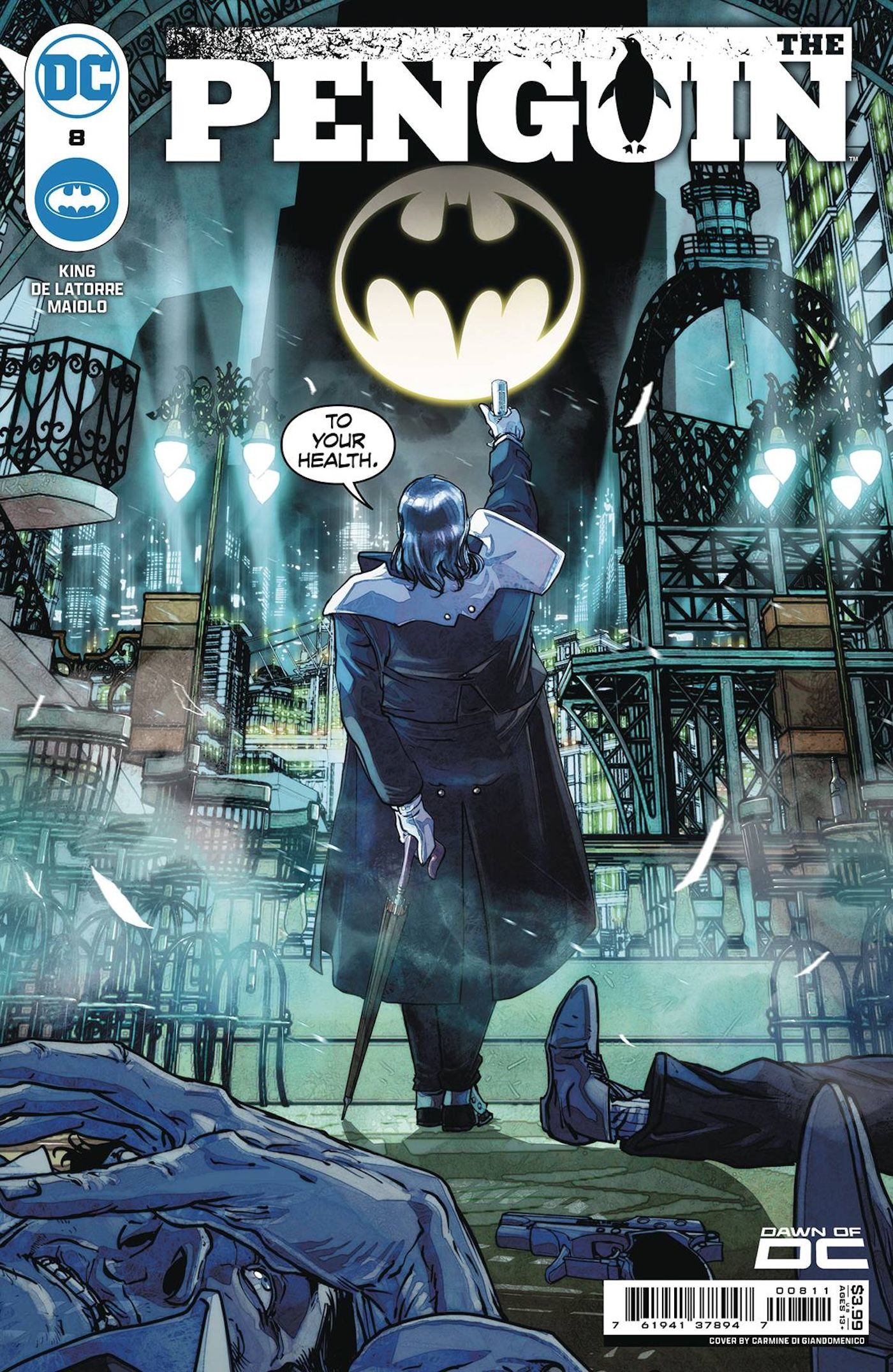 Capa principal do Penguin 8: o Pinguim em Gotham aponta para o Bat-Signal.
