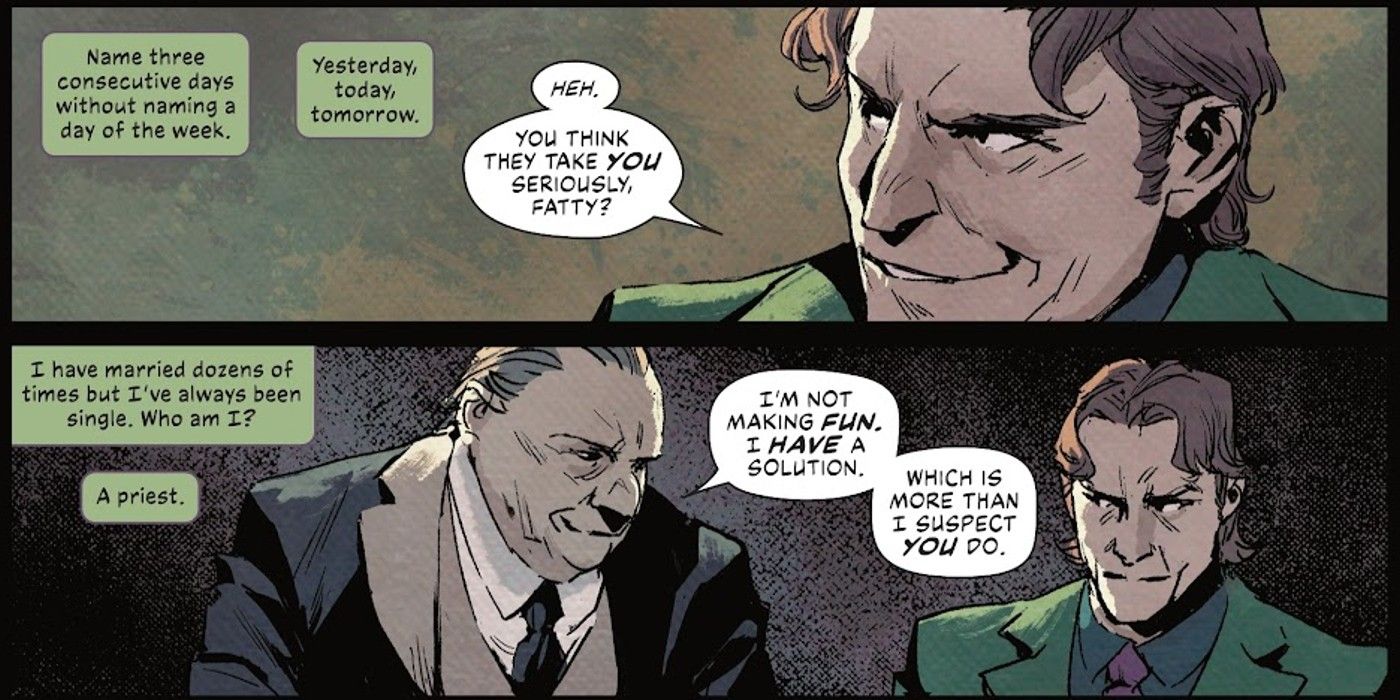 Comic book panels: Riddler and Penguin discuss a plan.