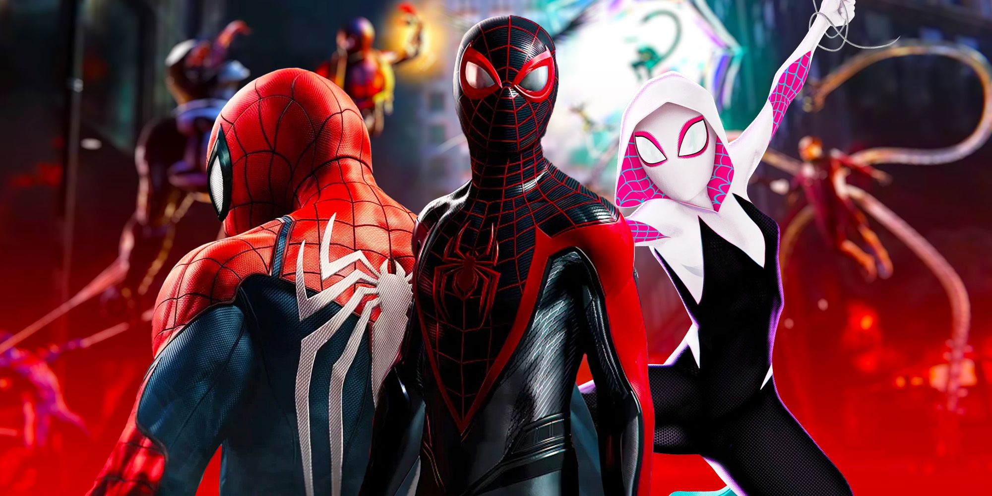 Peter Parker and Miles Morales as Spidermen in Marvel's Spider-Man 2 with Gwen Stacey as Spider-woman.