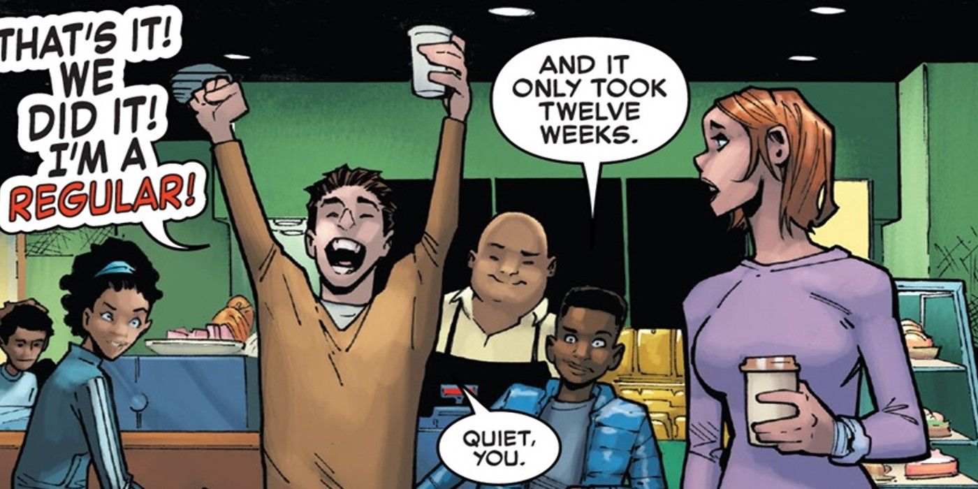 Peter Parker celebrates while Miles Morales rolls his eyes