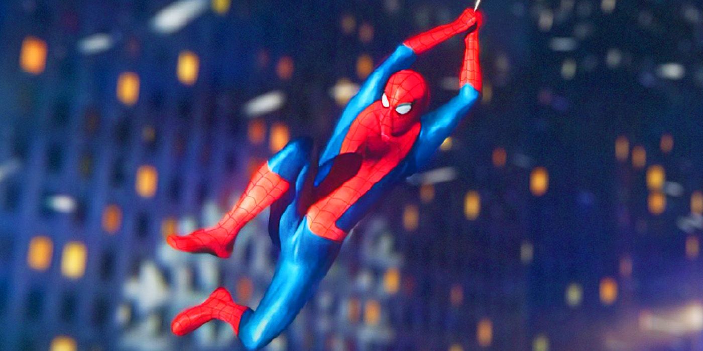 Peter Parker swinging in his new costume in Spider-Man No Way Home