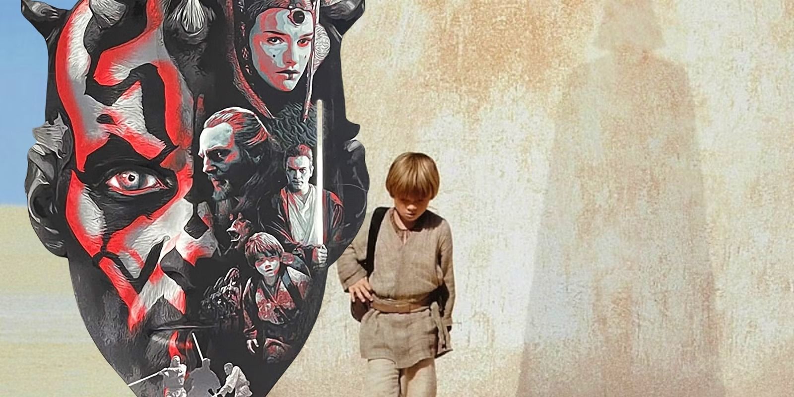 A combination image of the Phantom Menace poster of Anakin with a Vader shadow and an image of Darth Maul with many Phantom Menace characters to the left