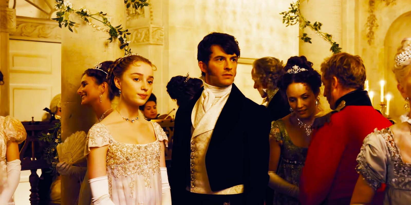 Phoebe Dynevor as Daphne Bridgerton and Jonathan Bailey as Anthony Bridgerton in Bridgerton season 1, episode 1